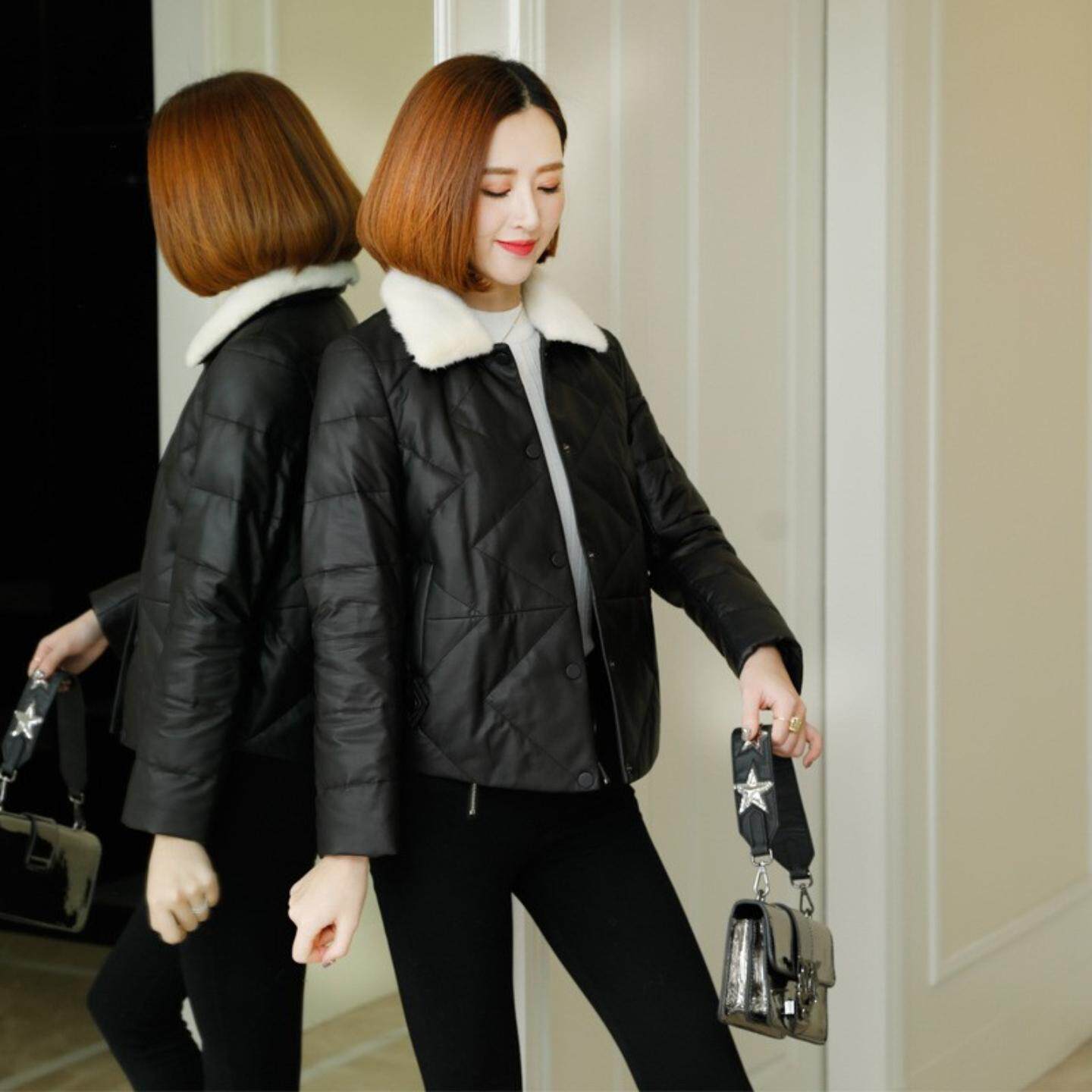 普洛克正品女装 皮衣真皮羽绒服短绵羊皮水貂毛领宽松加厚外套冬