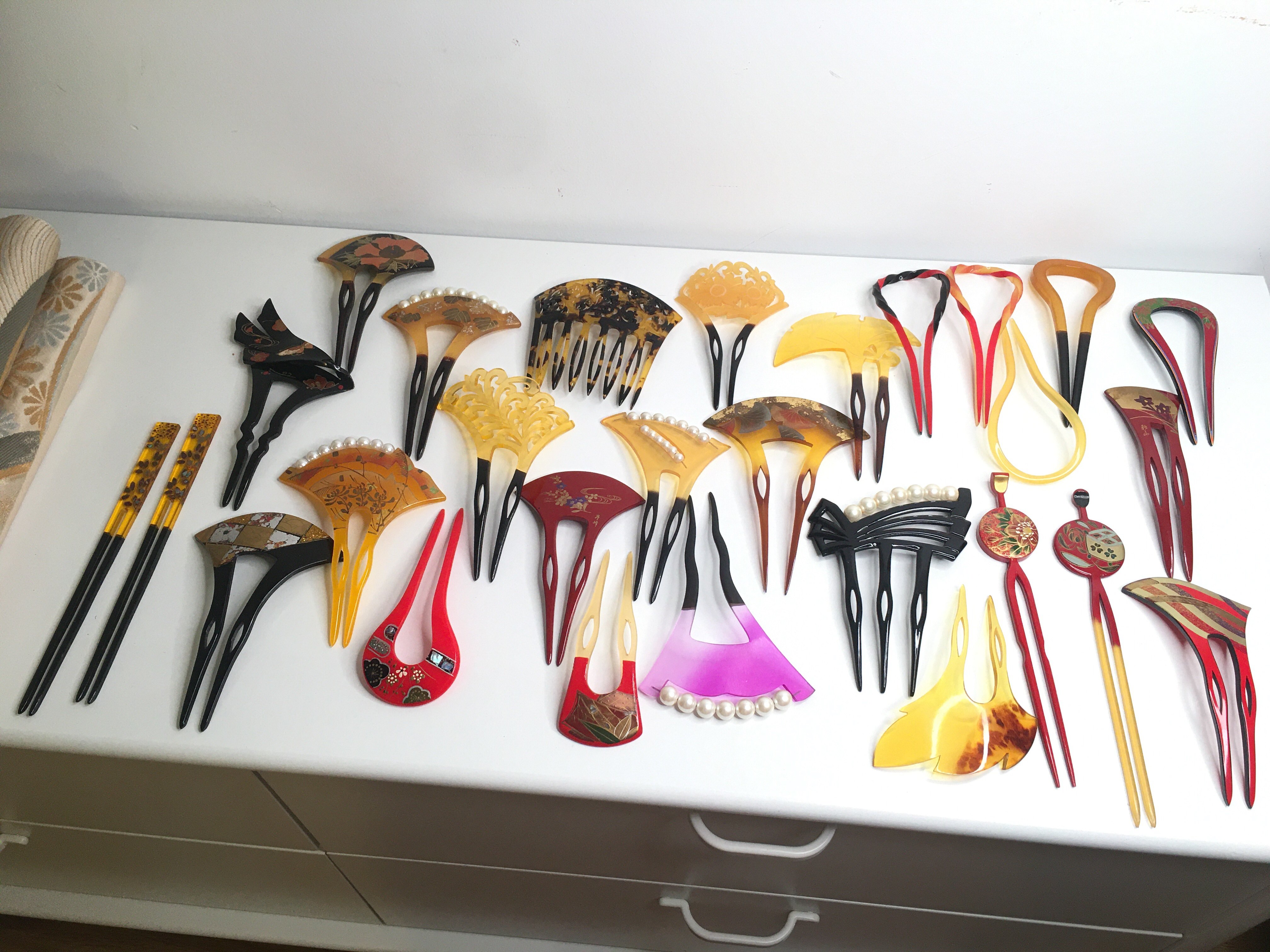 日本明治期螺钿大漆发簪子古风发饰手工梳子莳绘头饰和服古董首饰