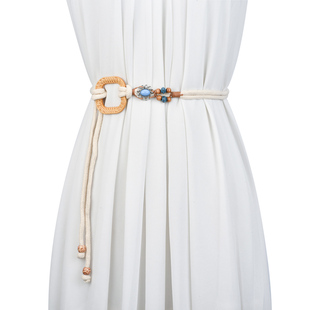 青年复古亚麻编织棉绳腰带女装 饰连衣裙子贝壳配饰打结民族风腰链