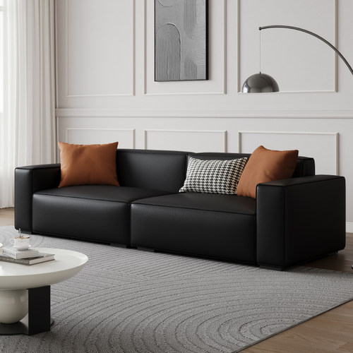 意式极简豆腐块真皮沙发直排三人