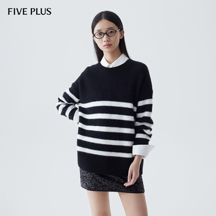 通勤 女羊驼毛毛衣条纹套头衫 FIVE PLUS羊毛针织衫