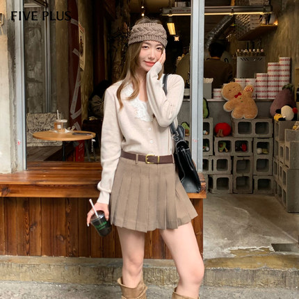 FIVE PLUS毛织法式温柔V领蕾丝拼接百搭针织开衫2026新款女春装