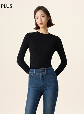 FIVE PLUS简约通勤绵羊毛混纺圆领针织衫女修身显瘦内搭打底长袖