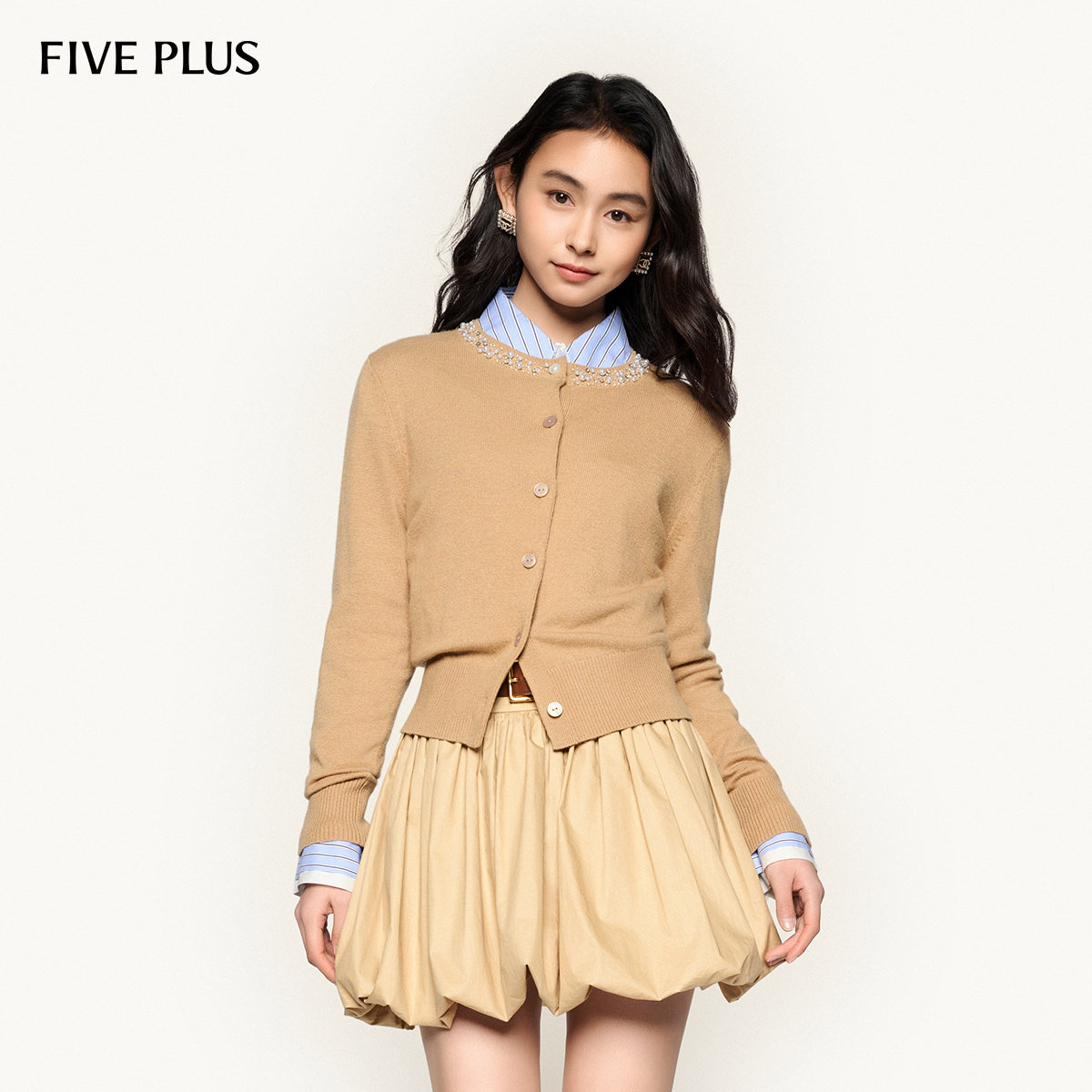 FIVE PLUS复古通勤毛衣女美拉德开衫上衣长袖仿珍珠装饰