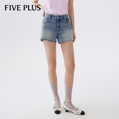 FIVEPLUS纯棉高腰磨边牛仔短裤