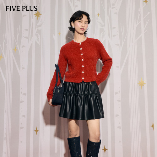 FIVE PLUS新年红色毛衣花朵仿珍珠扣波浪纹针织开衫26新女秋毛织