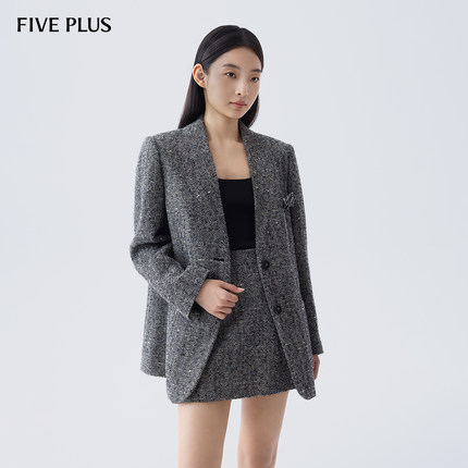 FIVE PLUS羊毛西装外套女智感职场通勤上衣人字纹羊毛混纺西服