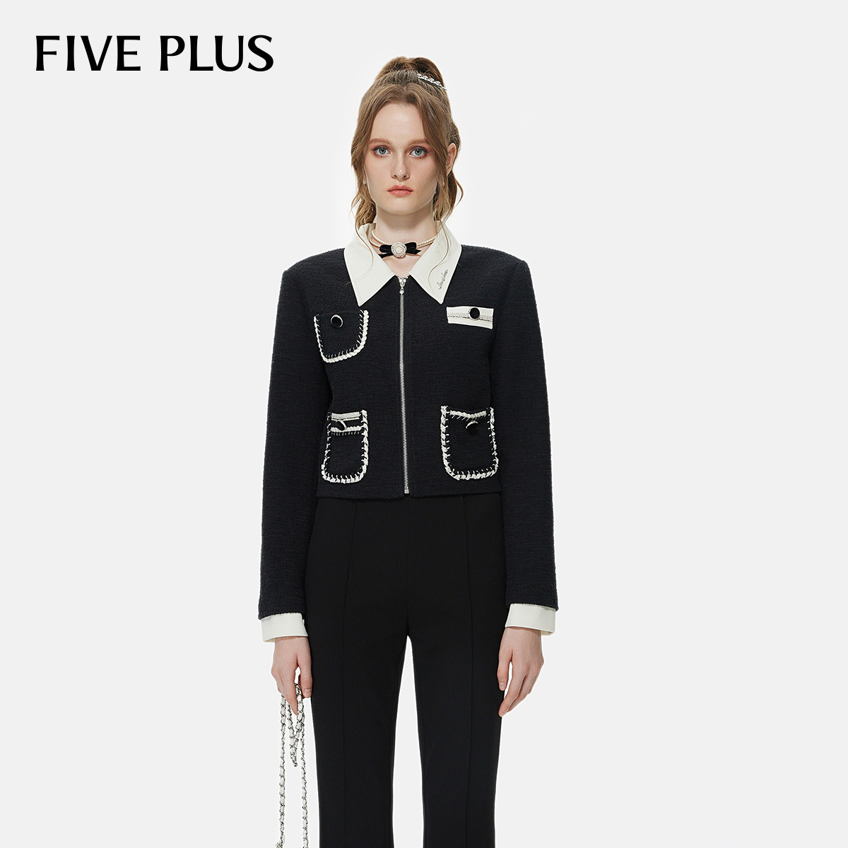 FIVE PLUS小香风外套女设计感短款上衣POLO领夹克2024新款女冬装