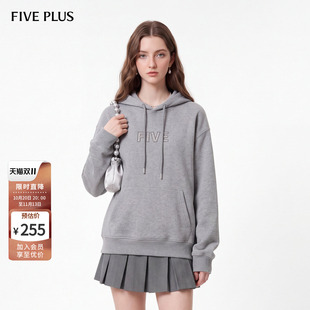 FIVE PLUS字母学院风连帽卫衣女小个子甜酷上衣气质长袖套头女