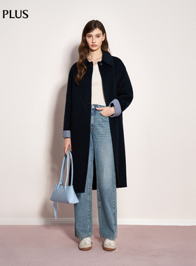 FIVE PLUS韩系拼接格纹通勤羊毛骆驼绒双面呢大衣25新毛呢外套