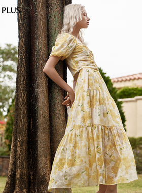 FIVE PLUS女夏装波嬉风上衣泡泡袖法式印花打褶衬衫女装