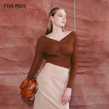 FIVE PLUS可机洗羊毛针织衫女一字露肩套头衫打底通勤新款女冬装