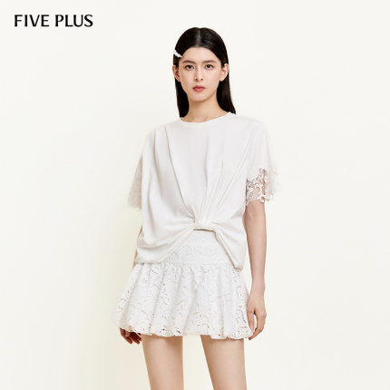 FIVE PLUS法式蕾丝袖口圆领通勤简约短袖T恤夏季女上衣