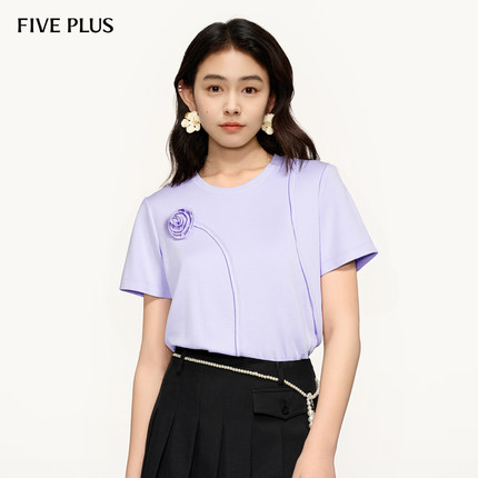 FIVE PLUST恤女上衣短袖直筒宽松套头衫拼花朵易打理