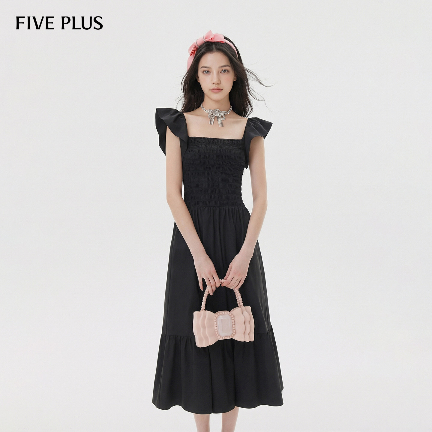 FIVE PLUS连衣裙女方领防紫外线UPF40+复古小黑裙新款女夏装