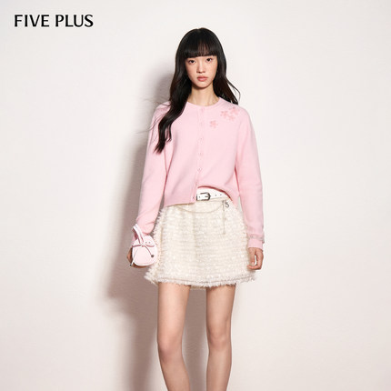 FIVE PLUS毛织甜美风立体花朵绵羊毛叠穿针织开衫2026新款女春装