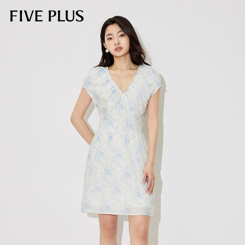 FIVE PLUS连衣裙女高腰V领印花裙子短款修身莱赛尔女夏装