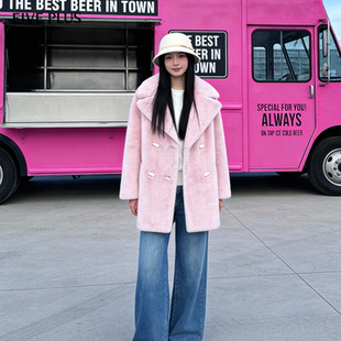 女冬装 FIVE 外套2025新款 领中长款 PLUS外套柔粉牛角扣绒感西装