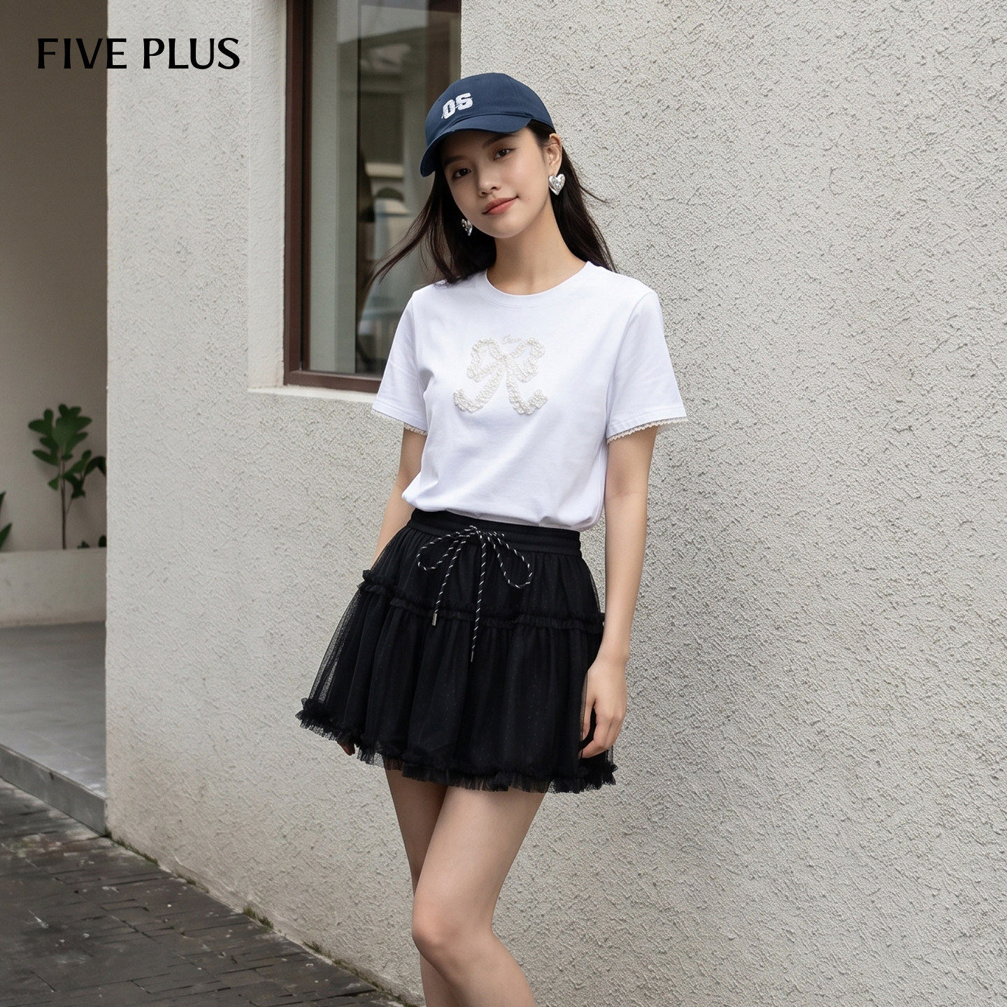 FIVE PLUST恤女短袖上衣蝴蝶结拼接花边圆领少女感新款夏装