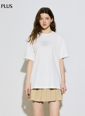 FIVE PLUS女夏装波嬉风烫钻工艺肌理感宽松直筒T恤女装