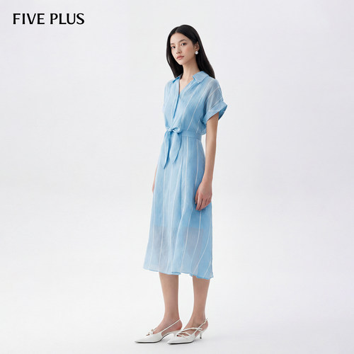 FIVE PLUS连衣裙女小心机绑带条纹衬衫裙天丝莱赛尔中长裙