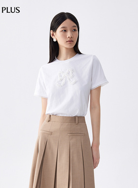 FIVE PLUST恤女短袖上衣蝴蝶结拼接花边圆领少女感2024新款女夏装