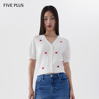 FIVEPLUS针织衫百搭V领爱心开衫
