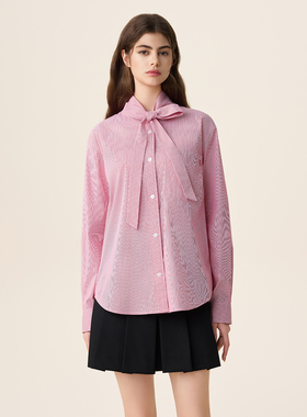 FIVE PLUS通勤风条纹衬衫女蝴蝶系带衬衣宽松长袖