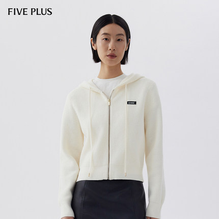 FIVE PLUS卫衣式针织衫女连帽开衫软糯毛衣通勤风