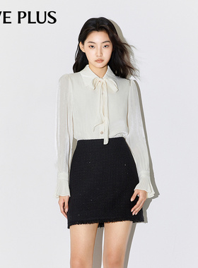 FIVE PLUS气质白色衬衫女复古缎面长袖荷叶袖设计感