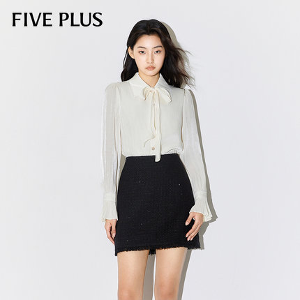 FIVE PLUS气质白色衬衫女复古缎面长袖荷叶袖设计感