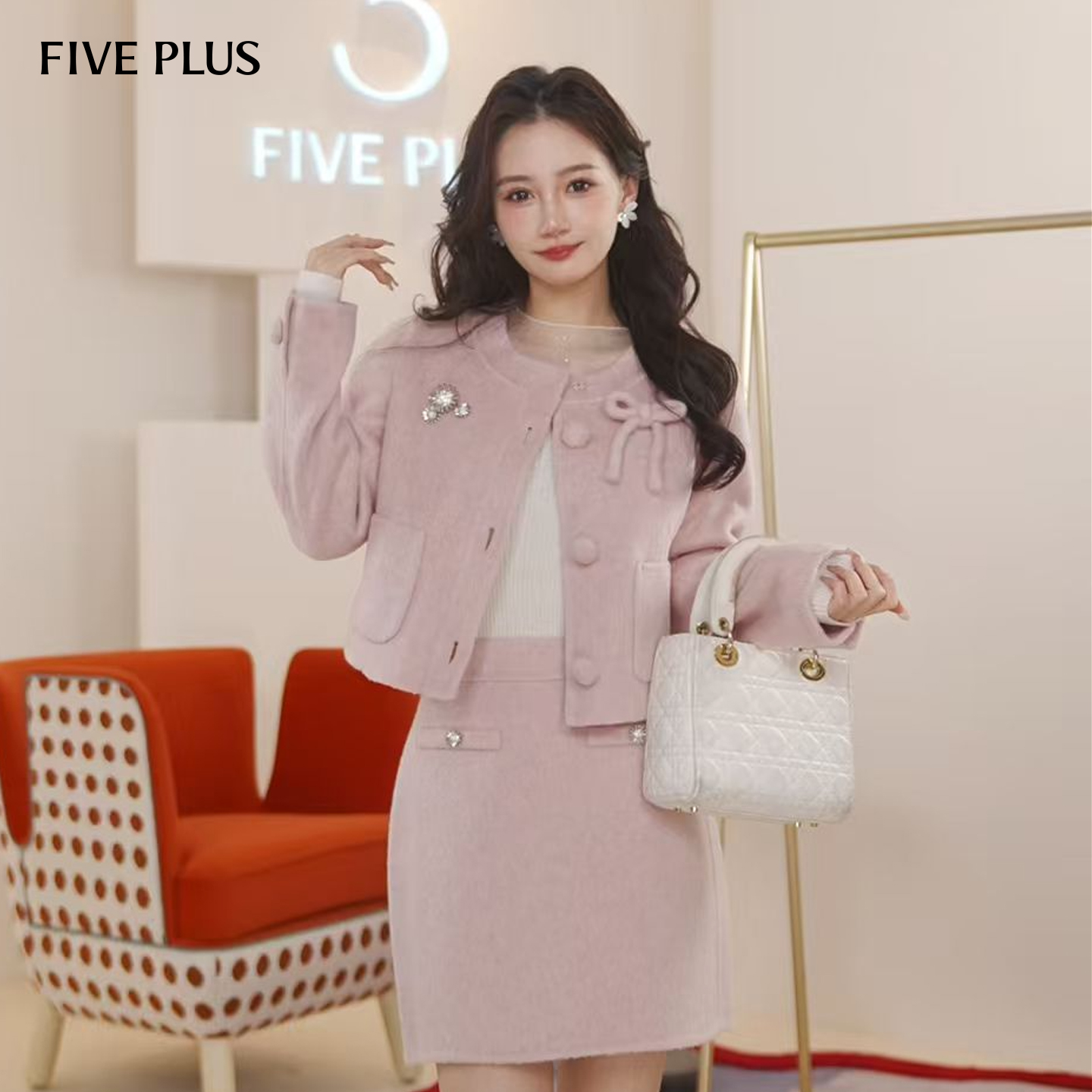 FIVE PLUS呢料法式甜系柔粉羊毛蝴蝶结毛呢短外套2025新款女秋装