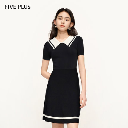 FIVE PLUS连衣裙短袖针织航海风条纹复古小黑裙2026新款女春装