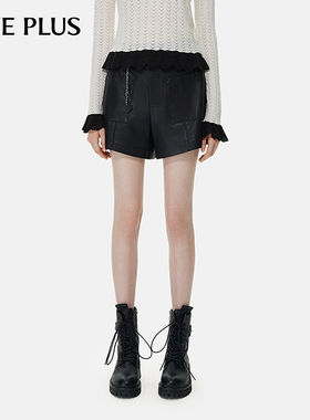 FIVE PLUSPU皮短裤女休闲裤高腰阔腿显瘦黑色裤子