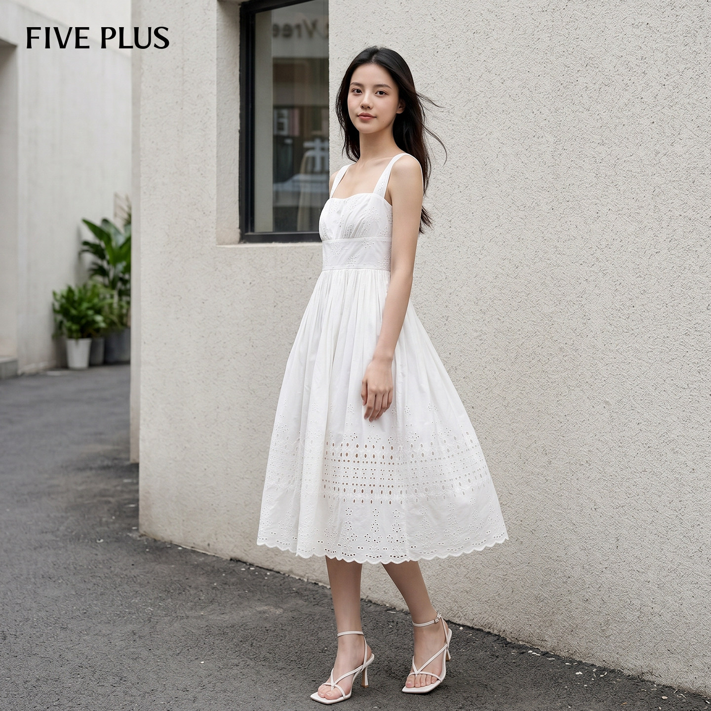 FIVE PLUS女夏装波嬉风方领A字裙刺绣度假风情连衣裙女装