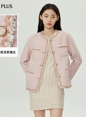 FIVE PLUS通勤简约羊驼毛绵羊毛小香风单排扣外套女双面呢短大衣