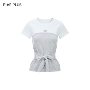 女夏装 FIVE 假两件拼色绑带可露丽风上衣2025新款 PLUS短袖 修身