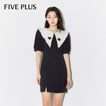 FIVE PLUS连衣裙女法式大翻领高腰泡泡袖短裙子女春装