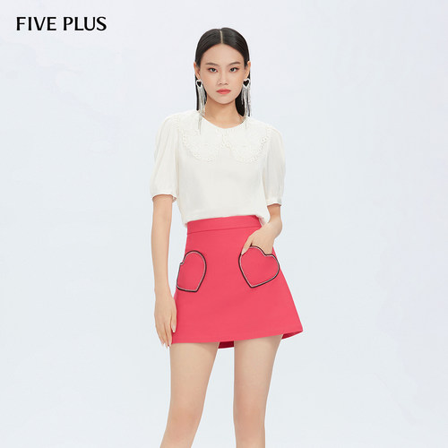 FIVE PLUS雪纺衬衫女泡泡短袖上衣花边娃娃领宽松新款女夏装