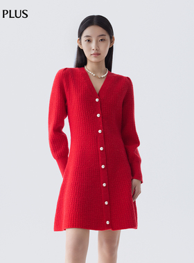 FIVE PLUS气质通勤针织连衣裙女V领单排扣毛衣裙子