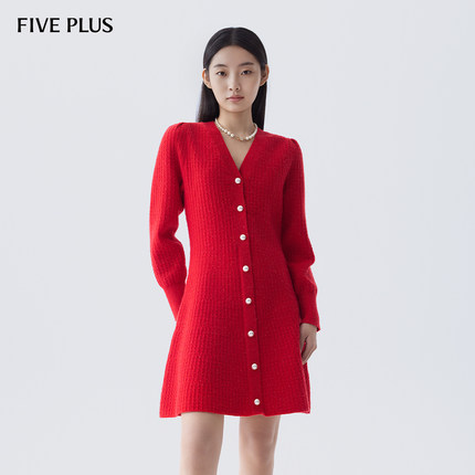 FIVE PLUS气质通勤针织连衣裙女V领单排扣毛衣裙子