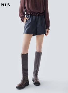 FIVE PLUSPU仿皮短裤女松紧高腰阔腿短裤直筒通勤