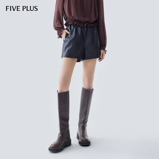 直筒通勤 女松紧高腰阔腿短裤 FIVE PLUSPU仿皮短裤