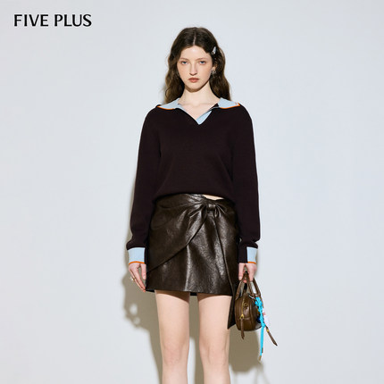 FIVE PLUS毛织韩系简约撞色翻领气质套头针织衫2026新款女春装