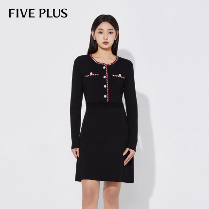 FIVE PLUS小香风连衣裙女针织裙法式气质修身A字裙约会秋