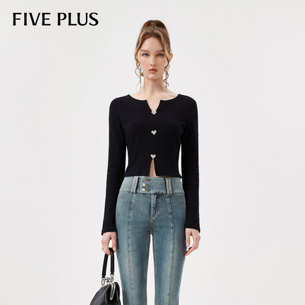 FIVE PLUST恤女设计感V领长袖修身显瘦打底短上衣女秋装