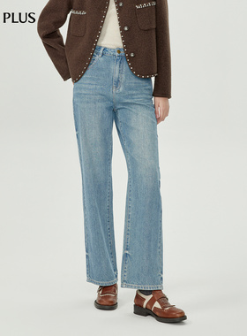 FIVE PLUS浅蓝色棉质牛仔裤女复古磨白显瘦日常通勤百搭款直筒裤