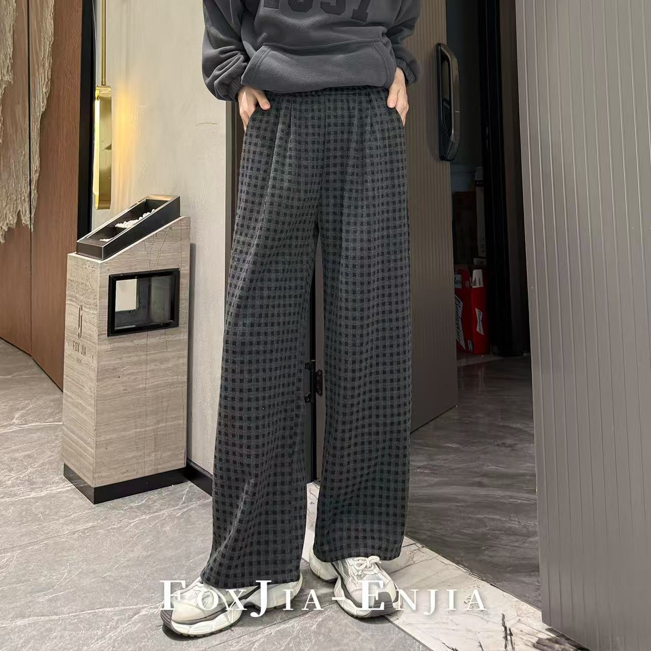 【恩佳专享】加绒裤加厚格子裤 毛呢腰阔腿裤