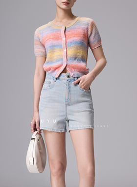 高阶彩纱牛仔短裤女夏季薄款2025新款高腰宽松显瘦a字阔腿裤女士