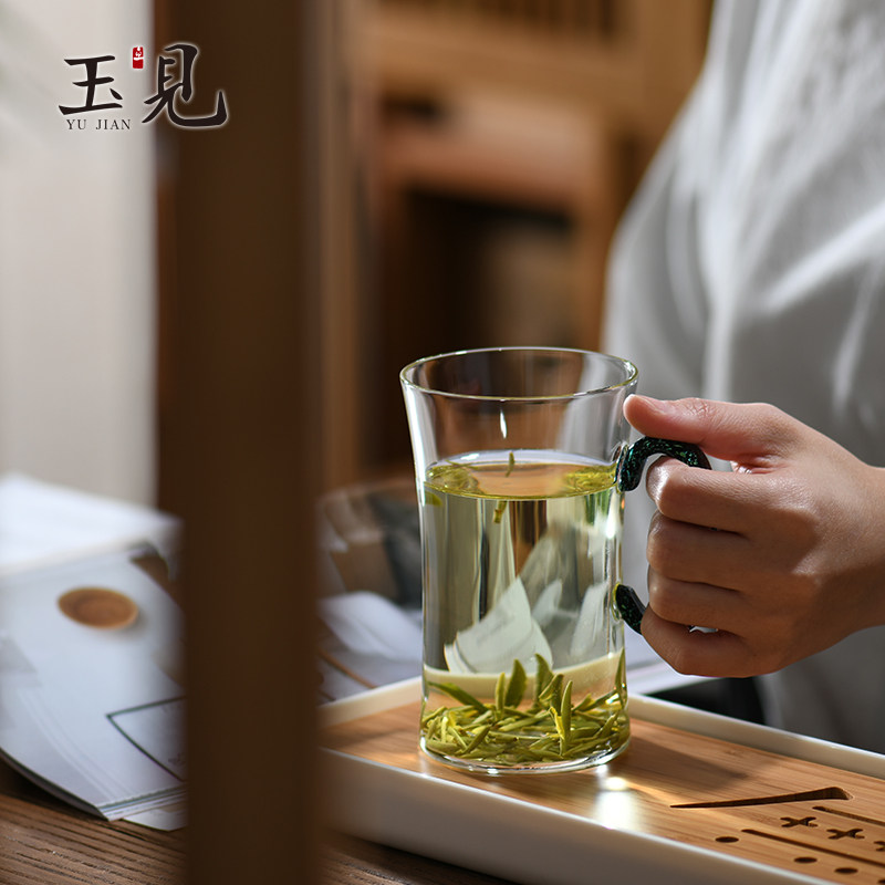 加厚带把日本喝水无色透明绿茶杯